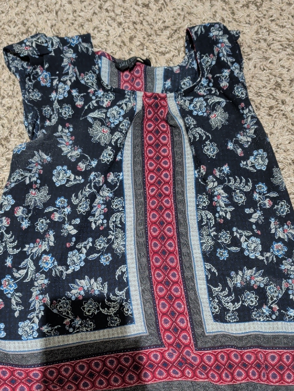 Sweet Wanderer Navy Floral Border Print Blouse with Red Center Panel